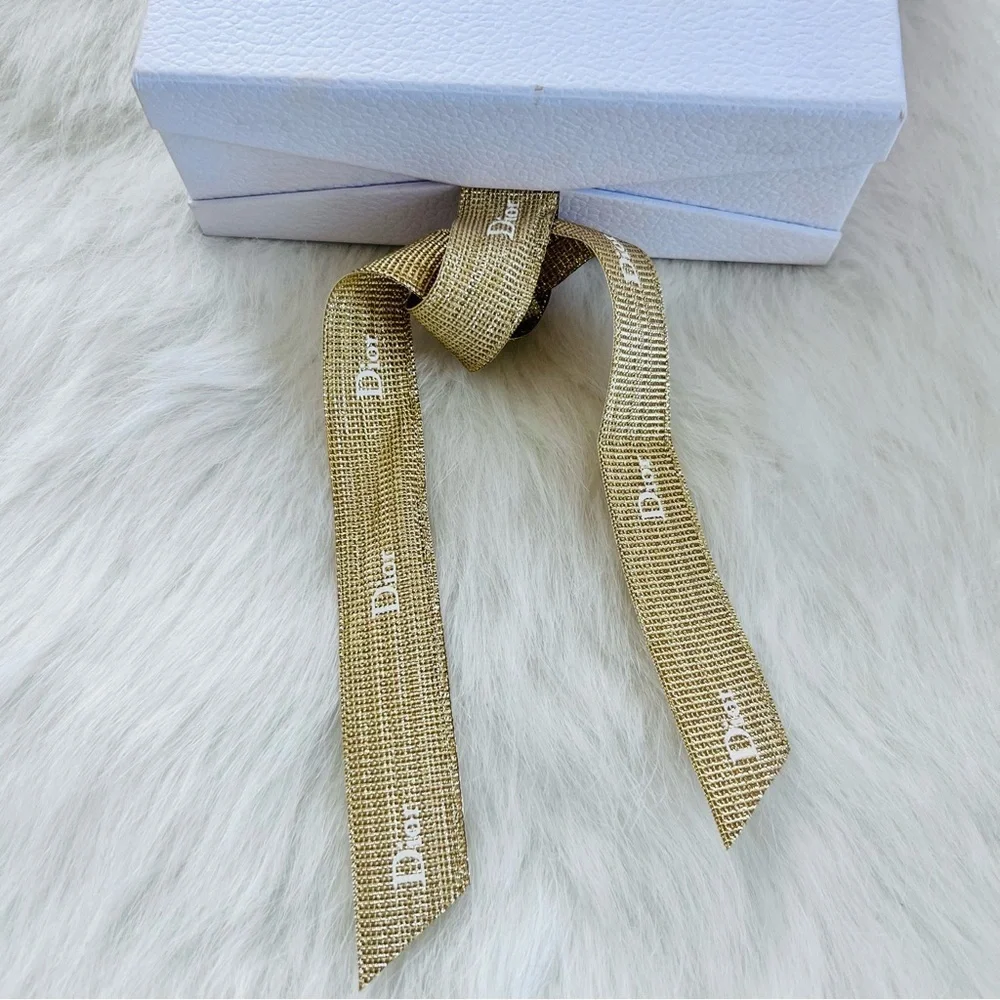 Dior Iconic White Pebbled Texture Gift Box with Gold Dancing Dior Logo Ribbon